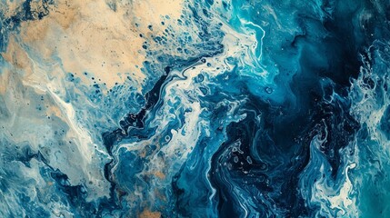 An abstract aerial view of a coastal area, depicted in blue watercolor paint marble, showing the interaction of land and sea.