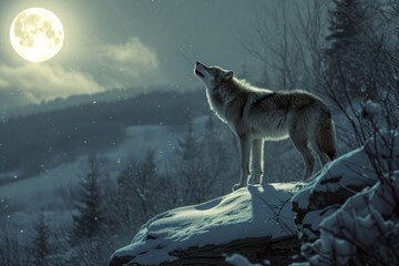 The gray wolf stands on the rock and howls at the full moon, winter time