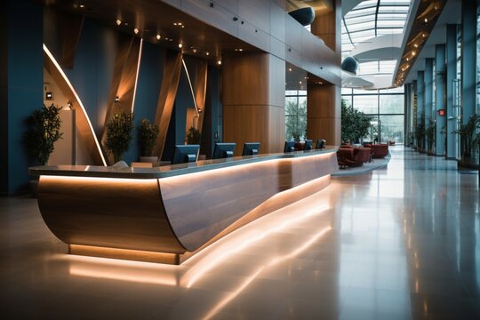 Modern lobby, an empty reception desk for hotel or office