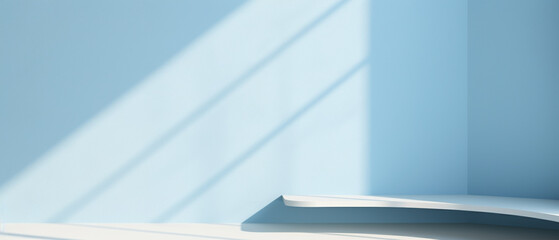 minimalist interior blue wall and light from the window for product presentation with copy space 