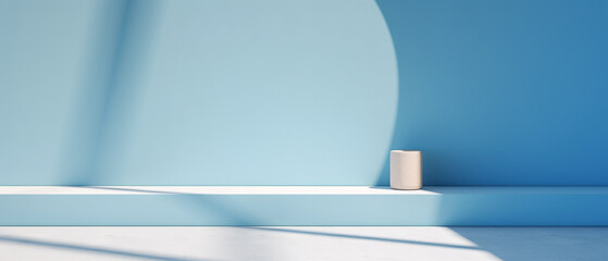 minimalist interior blue wall and light from the window for product presentation with copy space 