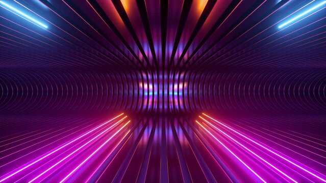 cycled 3d animation. Abstract background with neon glowing lines slide along the path. VJ loop. Looping seamless intro