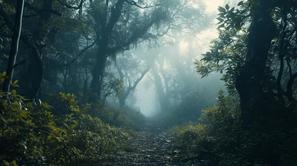 Fototapeten An enchanting forest background with dense foliage and mystical fog, creating a serene and mysterious atmosphere. © Faisal Ai