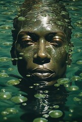 A serene and powerful image of a woman's face submerged in the glistening waters of an outdoor swimming pool