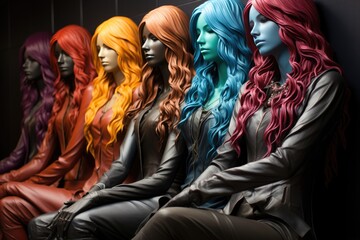 Dyed wigs on display in a shop