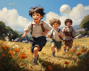 A carefree group of boys, clad in colorful clothing, joyfully frolic through a sunlit field, surrounded by vibrant flowers and tall grass as they play with a football ball