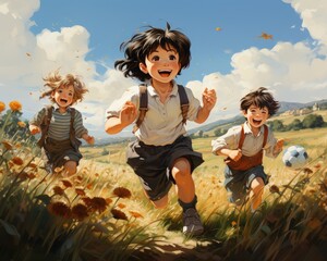 A joyful group of young children, dressed in vibrant clothing, frolic in a lush field under a clear blue sky, as they are surrounded by tall grass and colorful plants, while a girl's face lights up w