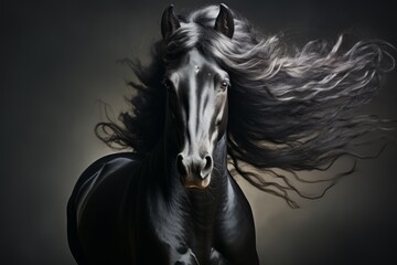 Portrait of a Friesian horse in profile with black glossy fur and long wavy mane, plain background, elegance and noble animal Concept: equestrian sports and artiodactyl exhibitions