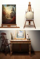 A stunning painting, perched upon a tripod easel, brings life and beauty to the indoor walls adorned with picture frames and furniture