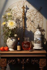 A vibrant still life of colorful flowers arranged in a wooden vase, sitting atop a shelf against a wall, with a delicate bottle of liquid adding a touch of elegance to the indoor scene