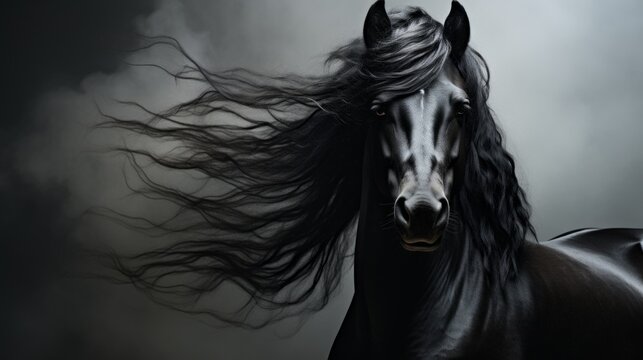 Portrait of a Friesian horse in profile with black glossy fur and long wavy mane, plain background, elegance and noble animal Concept: equestrian sports and artiodactyl exhibitions