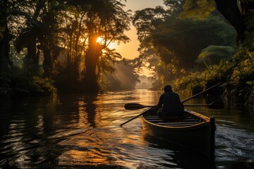 Amidst a serene waterway, a lone figure glides in a canoe, guided by the rhythmic strokes of a paddle, surrounded by the tranquil beauty of nature's canvas as the sky transitions from sunrise to suns