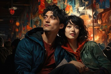 Obraz premium A captivating painting showcasing a man and woman intimately sitting together, their human faces adorned with emotion as their stylish jackets add to the artistic flair of the piece