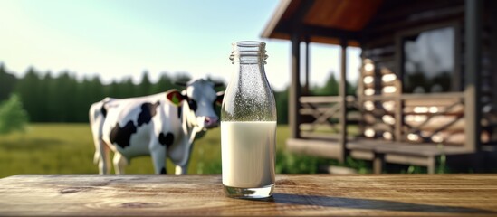 A glass and a bottle of pure milk on a wooden table with a cow farm in the background - obrazy, fototapety, plakaty