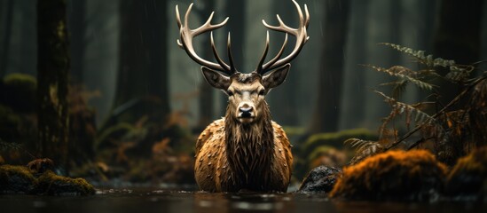 A stag against a forest background - obrazy, fototapety, plakaty