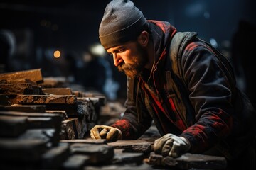 A skilled artisan in work clothes meticulously shapes molten metal in a dimly lit indoor workshop, surrounded by a towering pile of bricks, creating a masterpiece with his bare hands
