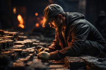 A determined man, donning a hat and protective clothing, labors over a stack of bricks near a blazing fireplace, braving the intense heat and flames in his pursuit to create something sturdy and last - obrazy, fototapety, plakaty