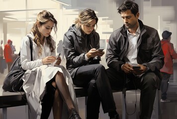 A diverse group of individuals, dressed in stylish jackets and jeans, sit on a bench indoors, engrossed in their phones while their human faces remain hidden, showcasing the disconnect and reliance o - obrazy, fototapety, plakaty