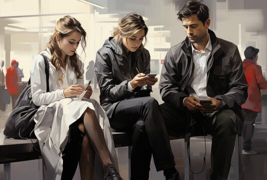 A diverse group of individuals, dressed in stylish jackets and jeans, sit on a bench indoors, engrossed in their phones while their human faces remain hidden, showcasing the disconnect and reliance o