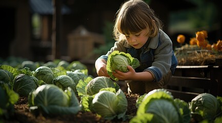Girl is picking green cabbage in the garden - obrazy, fototapety, plakaty