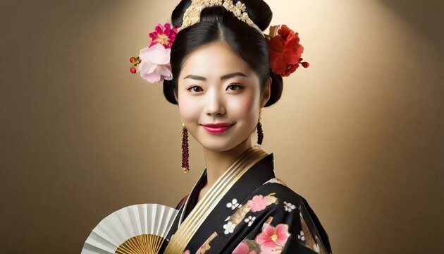 A beautiful traditional Japanese geisha with flowers in her hair, isolated on brown background with copy space.
