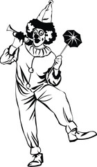 Cartoon Black and White Isolated Illustration Vector Of A Clown Holding A Small Umbrella