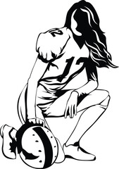 Cartoon Black and White Isolated Illustration Vector Of An American Football Player Kneeling Holding his Helmet