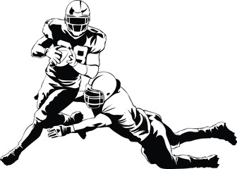 Cartoon Black and White Isolated Illustration Vector Of An American Football Player Running with the Ball Being Tackled