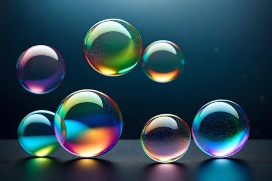 Set of realistic transparent colorful soap bubbles with rainbow reflection isolated on solid background-