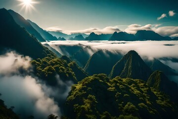 Fog and cloud mountain tropic valley landscape. aerial view - obrazy, fototapety, plakaty