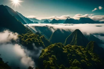 Fotobehang Fog and cloud mountain tropic valley landscape. aerial view © Malik