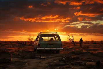 Obraz premium As the sun rises and sets on the horizon, a lone man stands in the vast desert, his trusty van parked beside him, a symbol of his endless journey across the rugged terrain