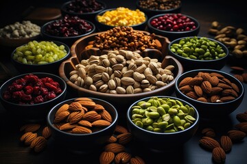 A colorful array of locally-sourced nuts and legumes, bursting with nutrition and flavor, invites you to savor the beauty and abundance of natural, whole foods at a bustling indoor market