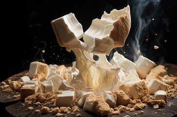 An unlikely pairing of savory and sweet, as a fried delicacy is playfully tossed into a fluffy sea of sugary treats