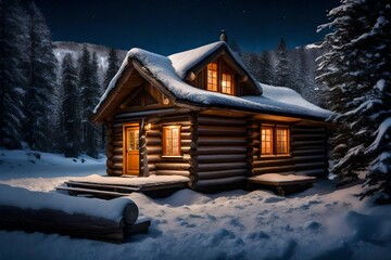 Fototapeta na wymiar this small log cabin is snow covered at night-