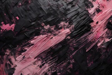 Closeup of abstract rough black pink dark colored art painting texture, with oil brushstroke, pallet knife paint on canvas