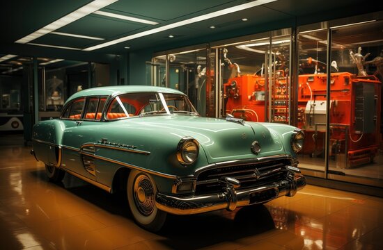 A vintage hardtop car sits in an indoor room, its wheels frozen in time as it stands out against the ceiling and floor