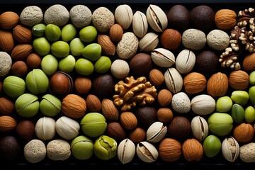 A colorful display of assorted nuts offers a tantalizing feast for the eyes and a delicious variety of textures and flavors for the palate