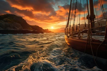 Fotobehang A sailboat glides gracefully through the water, its mast reaching towards the sky as the vibrant colors of sunset paint the clouds and ocean in a breathtaking seascape © LifeMedia