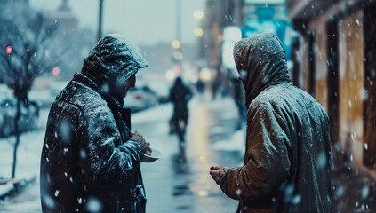 two homeless men on the street on a cold snowy day