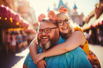 portrait of a happy smiling couple in the amusement park - obrazy, fototapety, plakaty