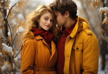 Portrait of young man and woman hugging in winter forest