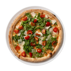 top view pizza with parmesan rocket and cherry tomatoes. isolated white background
