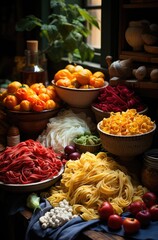 Vibrant bowls overflowing with locally-sourced vegetables and whole foods, displayed beautifully at the market, evoking a sense of freshness and nourishment for those seeking vegan or vegetarian opti