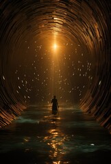 A lone figure stands in the darkness of a cave, the sound of water echoing through the tunnel as a glimmer of light from the outdoor night sky casts their silhouette in an eerie yet mesmerizing displ