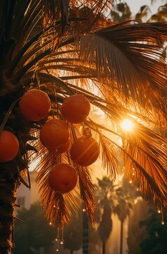 A vibrant sunset sky casts a warm glow on a majestic palm tree, its fronds swaying in the gentle breeze, adorned with succulent oranges of the attalea speciosa and elaeis varieties, creating a pictur
