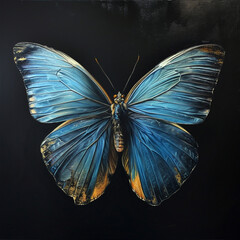 a blue butterfly in a dark room with gold wings