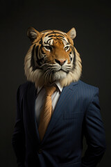 Tiger wearing human clothes, stylish businessman