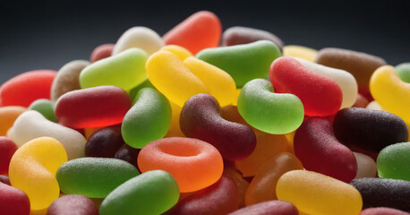 A vibrant top view of assorted colorful gummy worms falling on a white background.