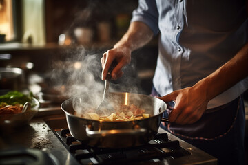 Man cooking on his stove in the kitchen at home - obrazy, fototapety, plakaty